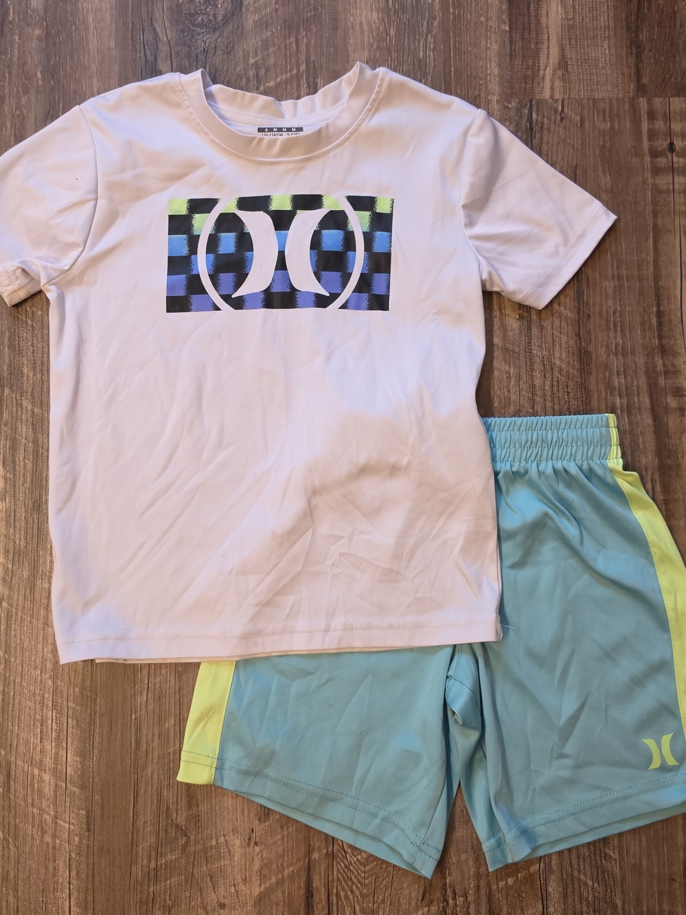 Hurley Boys White Tee & Aqua Shorts Set with Neon Accents
